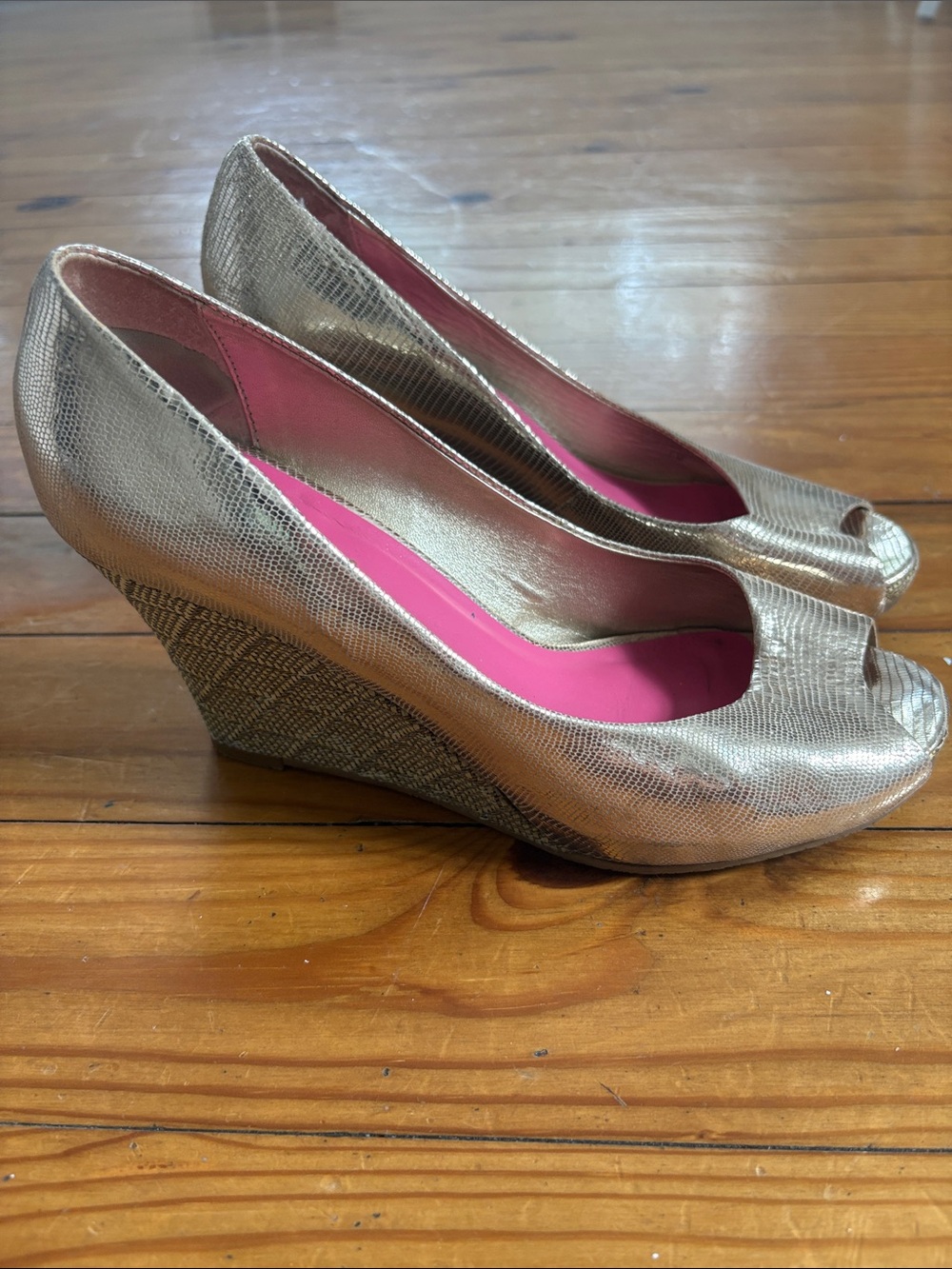 Lilly Pulitzer Metallic Gold Peep-Toe Wedge with Pink Insole